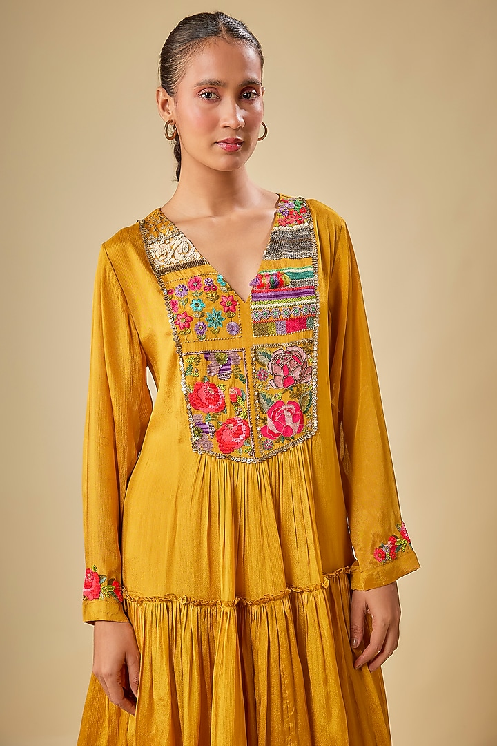 Yellow Crepe Chiffon Hand Embroidered Kurta Set by Half Full Curve at Pernia's Pop Up Shop