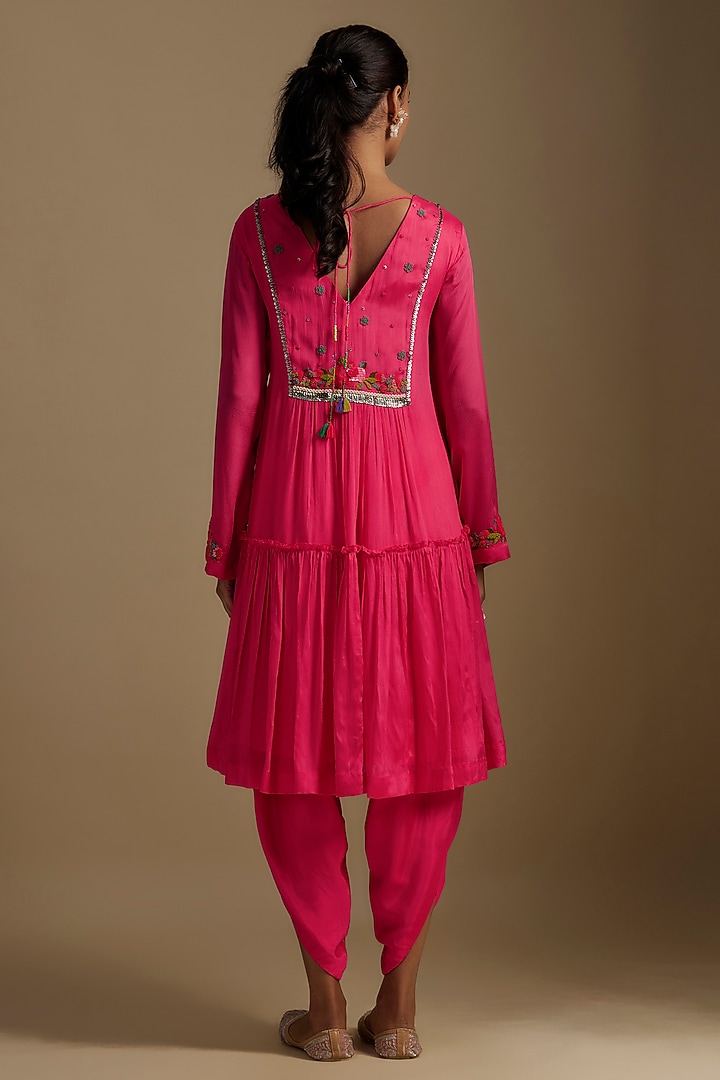 Pink Crepe Chiffon Hand Embroidered Kurta Set by Half Full Curve at Pernia's Pop Up Shop