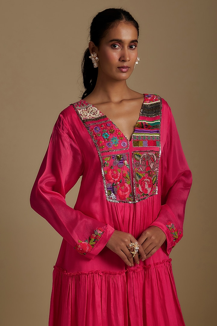 Pink Crepe Chiffon Hand Embroidered Kurta Set by Half Full Curve at Pernia's Pop Up Shop
