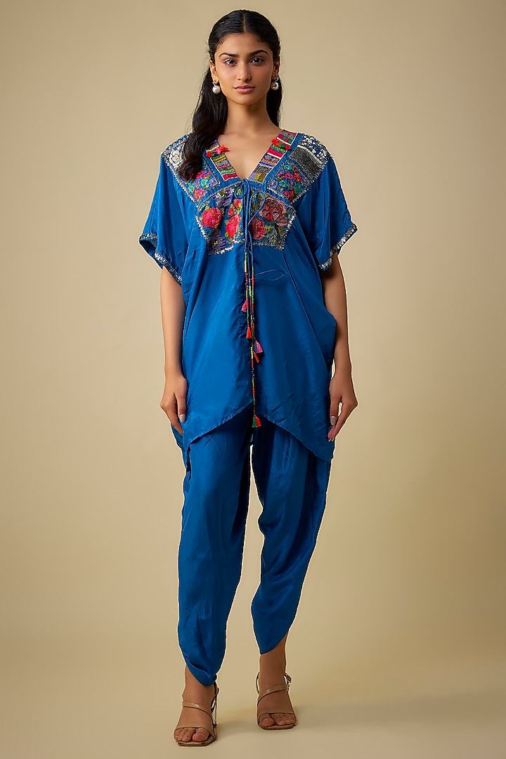 Blue Pure Silk Hand Embroidered Kaftan Set by Half Full Curve at Pernia's Pop Up Shop