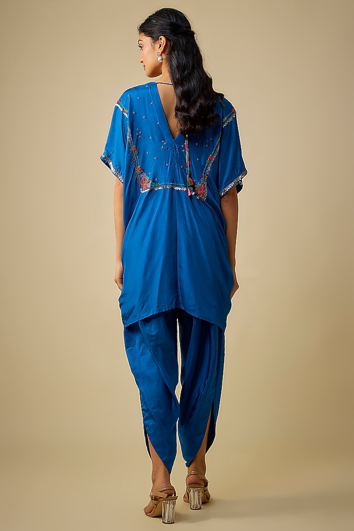 Blue Pure Silk Hand Embroidered Kaftan Set by Half Full Curve at Pernia's Pop Up Shop