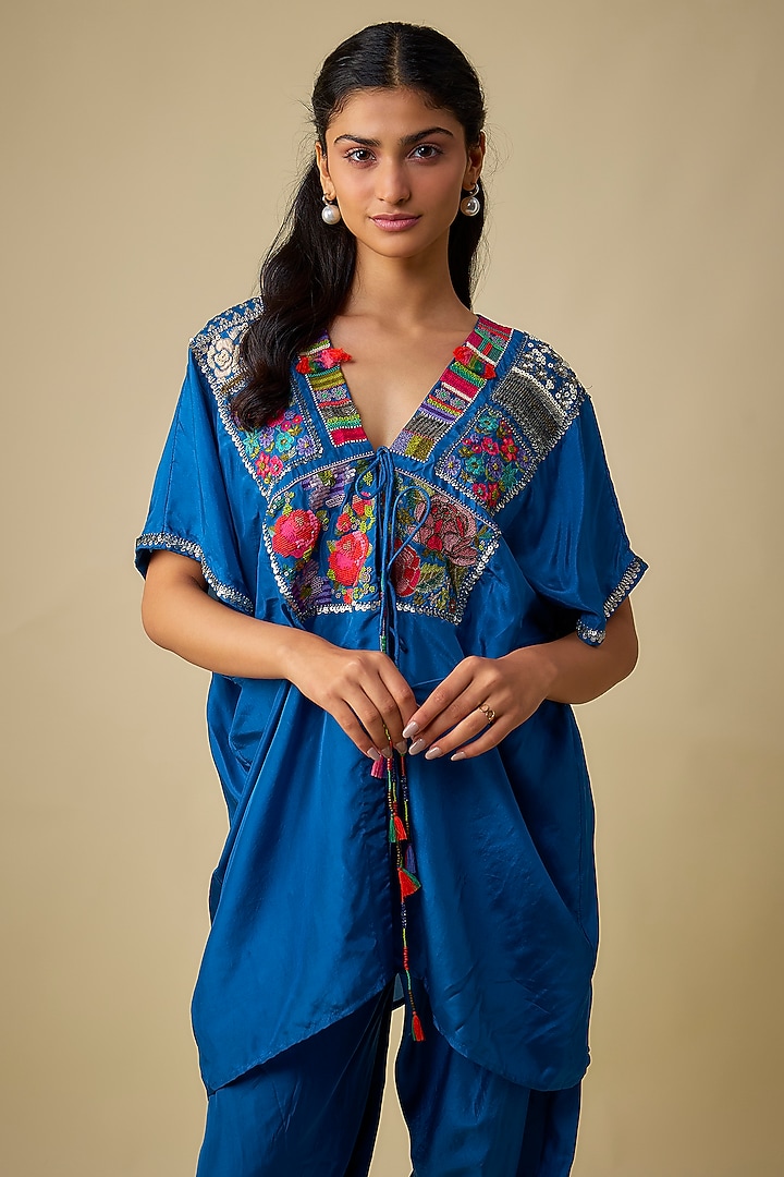 Blue Pure Silk Hand Embroidered Kaftan Set by Half Full Curve at Pernia's Pop Up Shop
