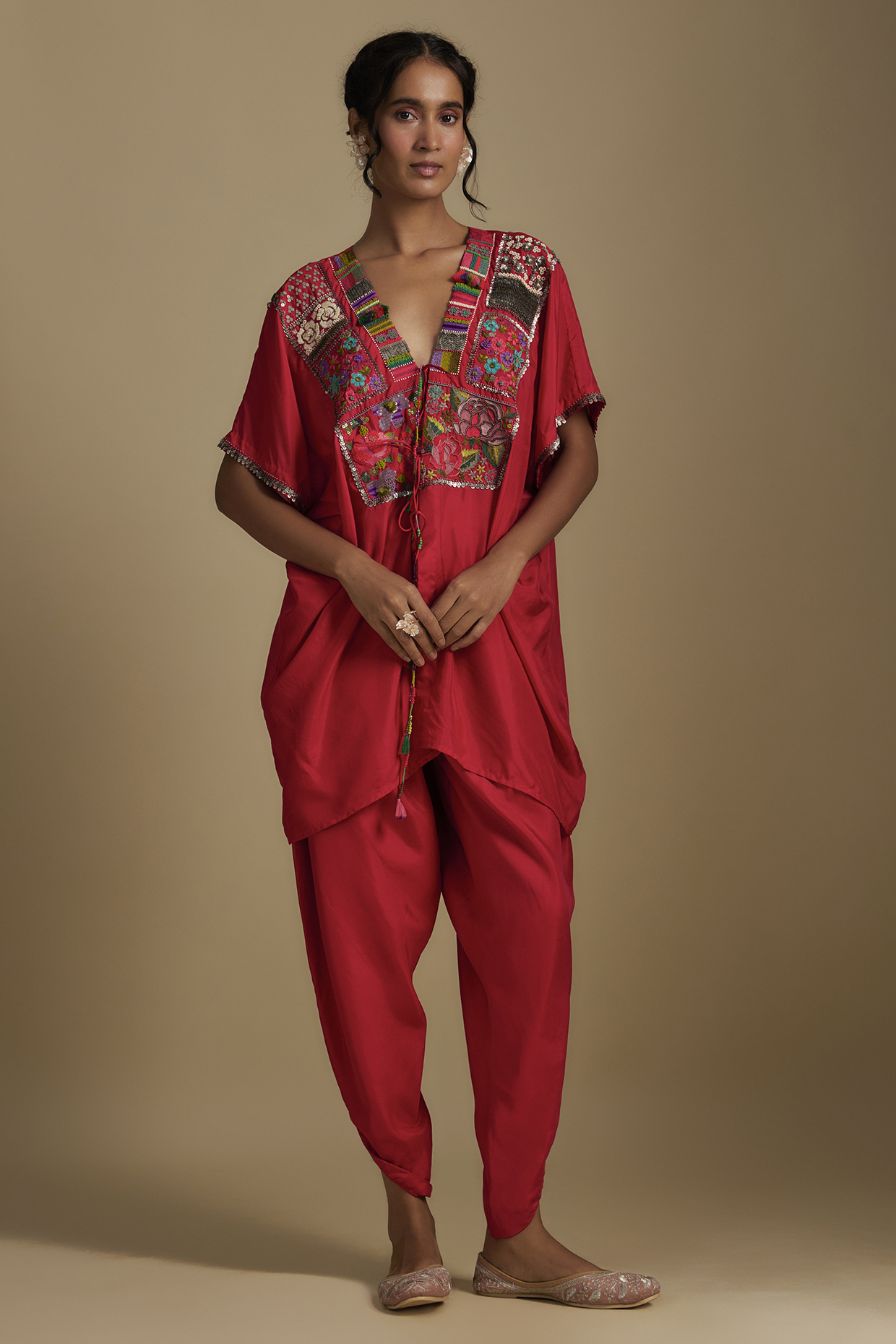 Red Pure Silk Hand Embroidered Kurta Set by Half Full Curve at Pernia's Pop Up Shop