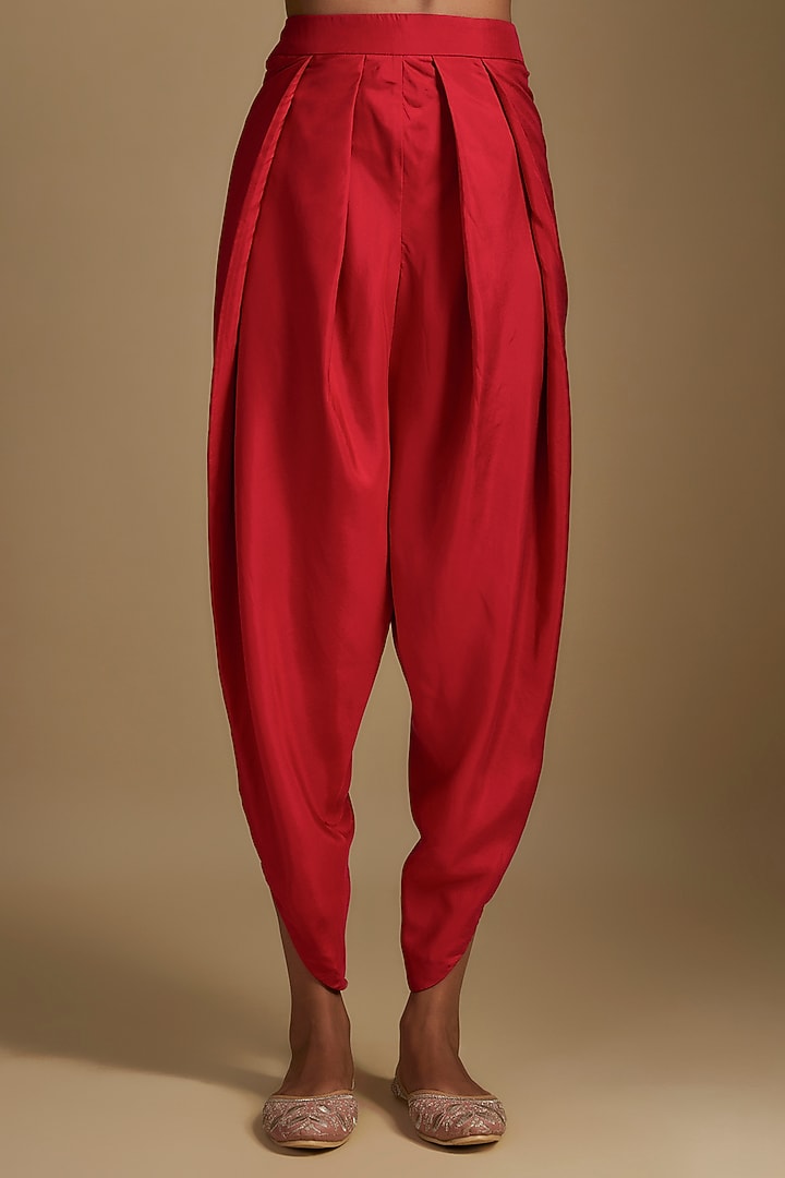 Red Pure Silk Hand Embroidered Kurta Set by Half Full Curve at Pernia's Pop Up Shop