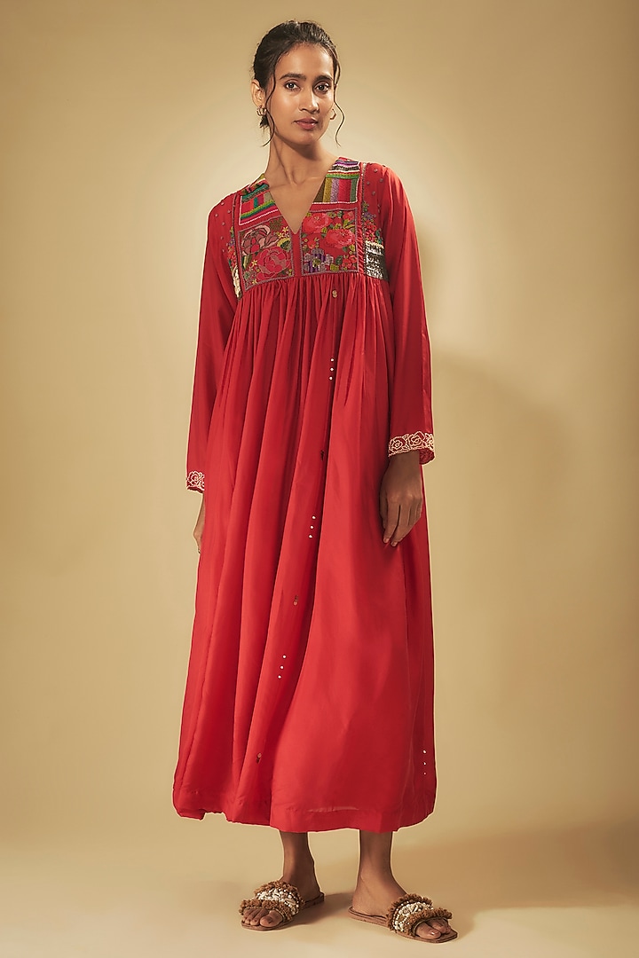 Red Fine Chanderi Hand Embroidered Flared Cocktail Dress by Half Full Curve at Pernia's Pop Up Shop