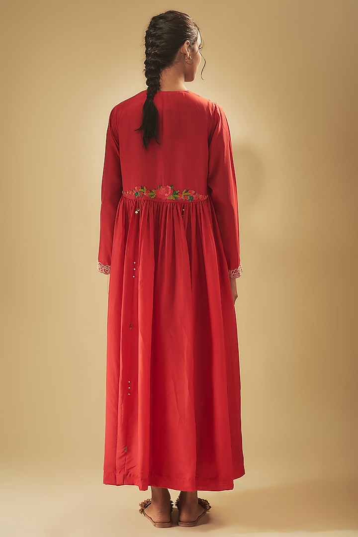 Red Fine Chanderi Hand Embroidered Flared Cocktail Dress by Half Full Curve at Pernia's Pop Up Shop