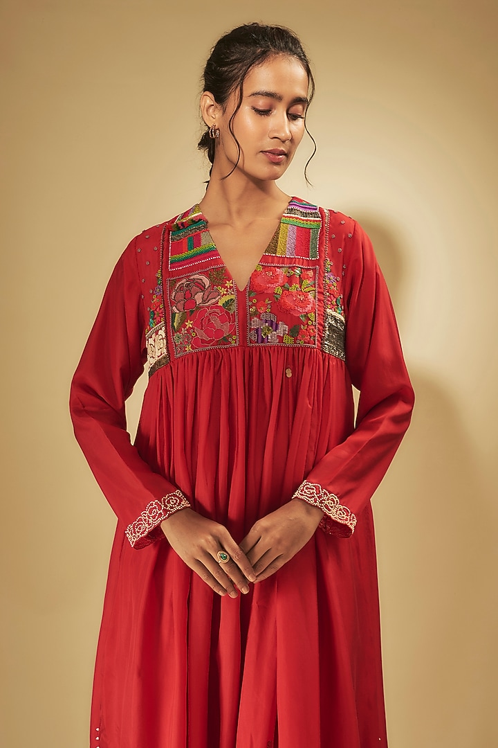 Red Fine Chanderi Hand Embroidered Flared Cocktail Dress by Half Full Curve at Pernia's Pop Up Shop