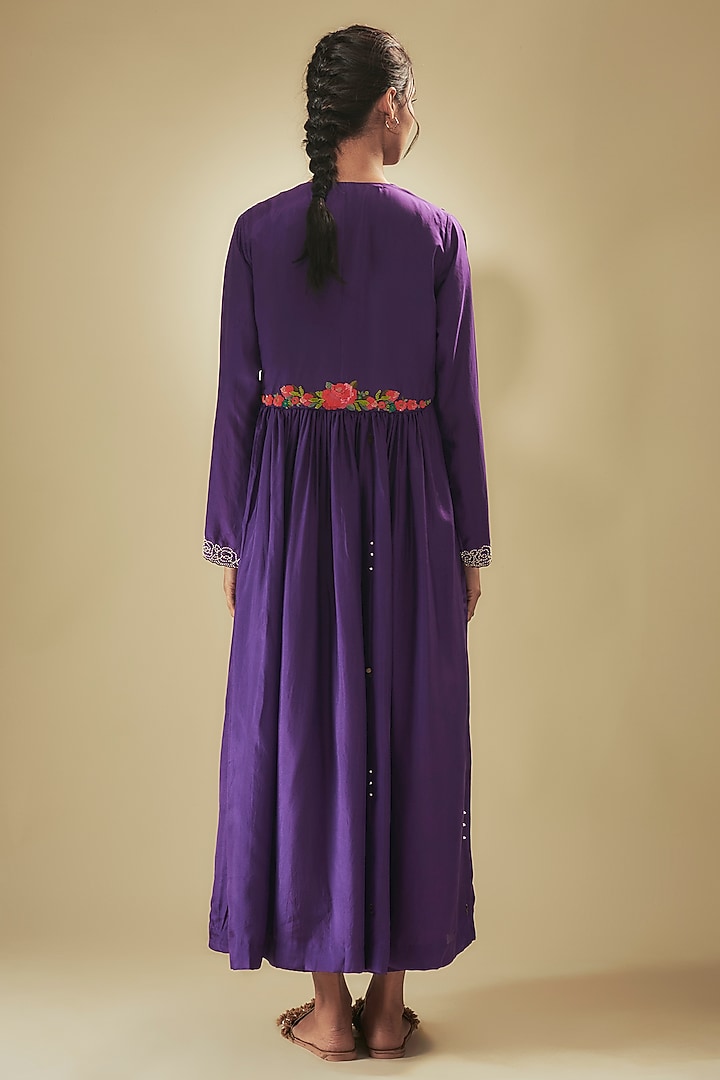 Purple Fine Chanderi Hand Embroidered Flared Cocktail Dress by Half Full Curve at Pernia's Pop Up Shop