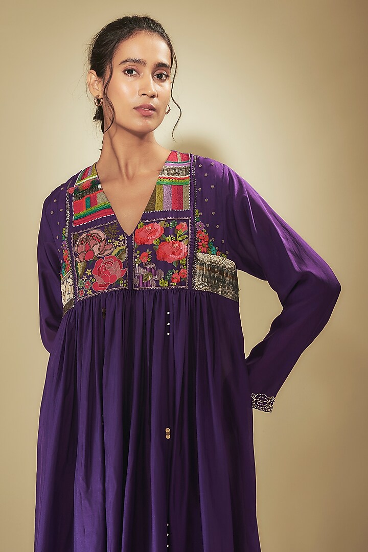 Purple Fine Chanderi Hand Embroidered Flared Cocktail Dress by Half Full Curve at Pernia's Pop Up Shop