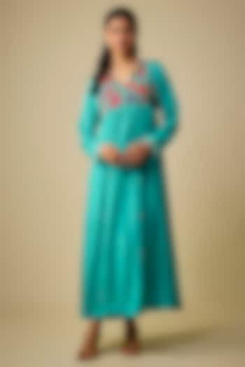 Blue Pure Silk Hand Embroidered Flared Cocktail Dress With Inner by Half Full Curve at Pernia's Pop Up Shop