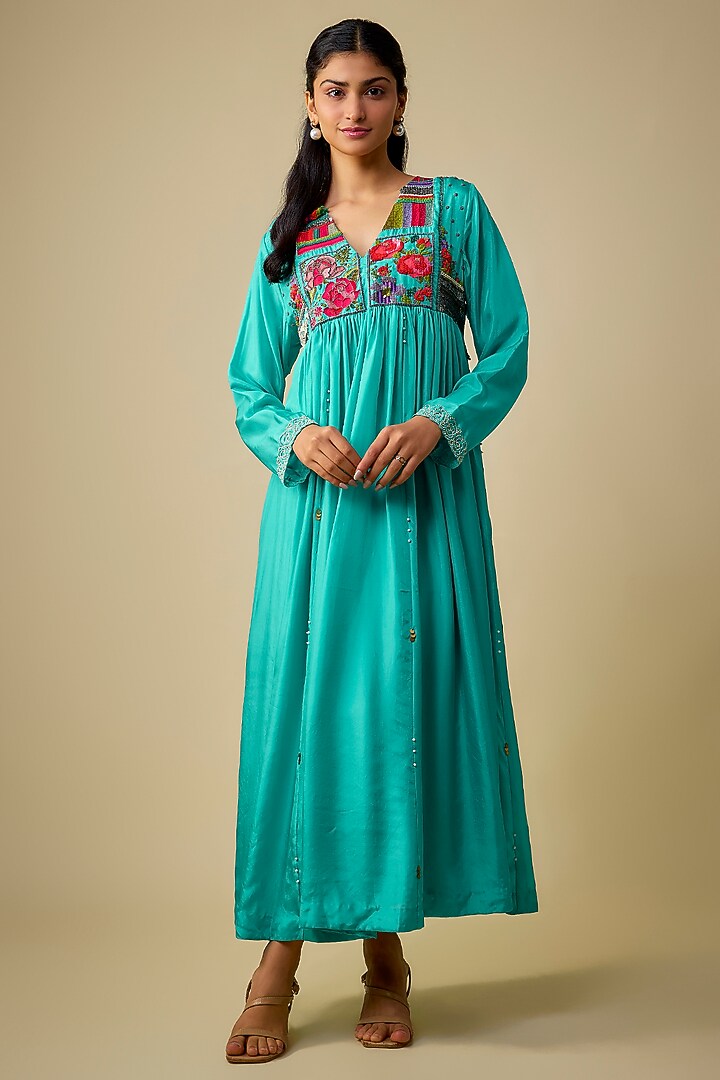 Blue Pure Silk Hand Embroidered Flared Cocktail Dress With Inner by Half Full Curve at Pernia's Pop Up Shop