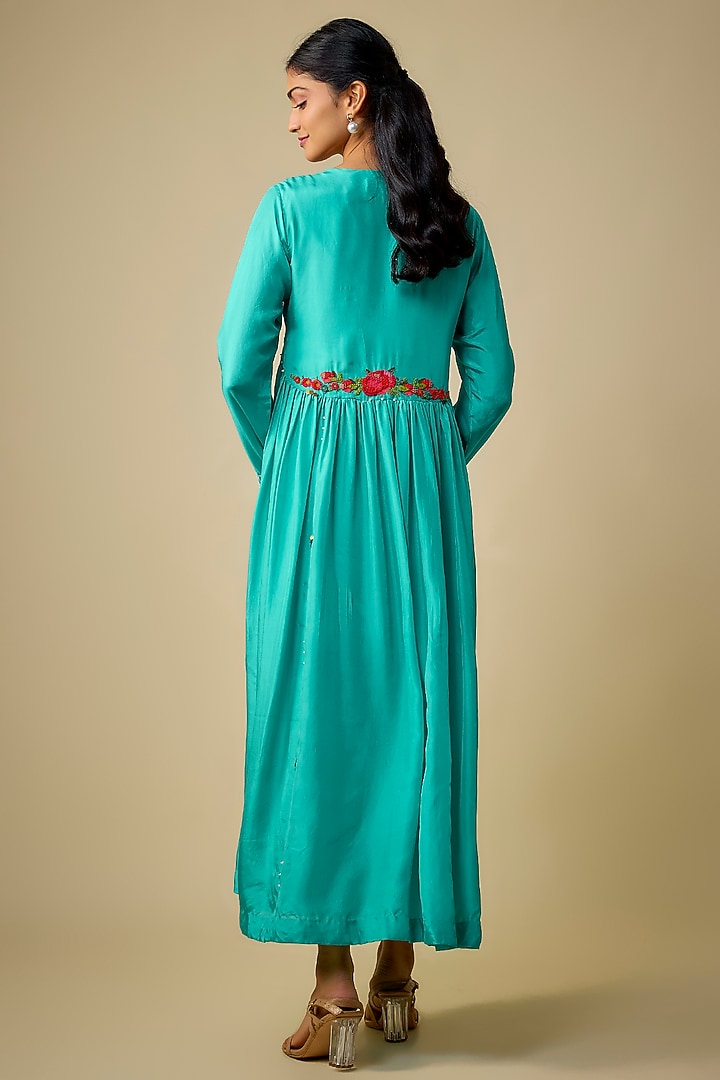 Blue Pure Silk Hand Embroidered Flared Cocktail Dress With Inner by Half Full Curve at Pernia's Pop Up Shop