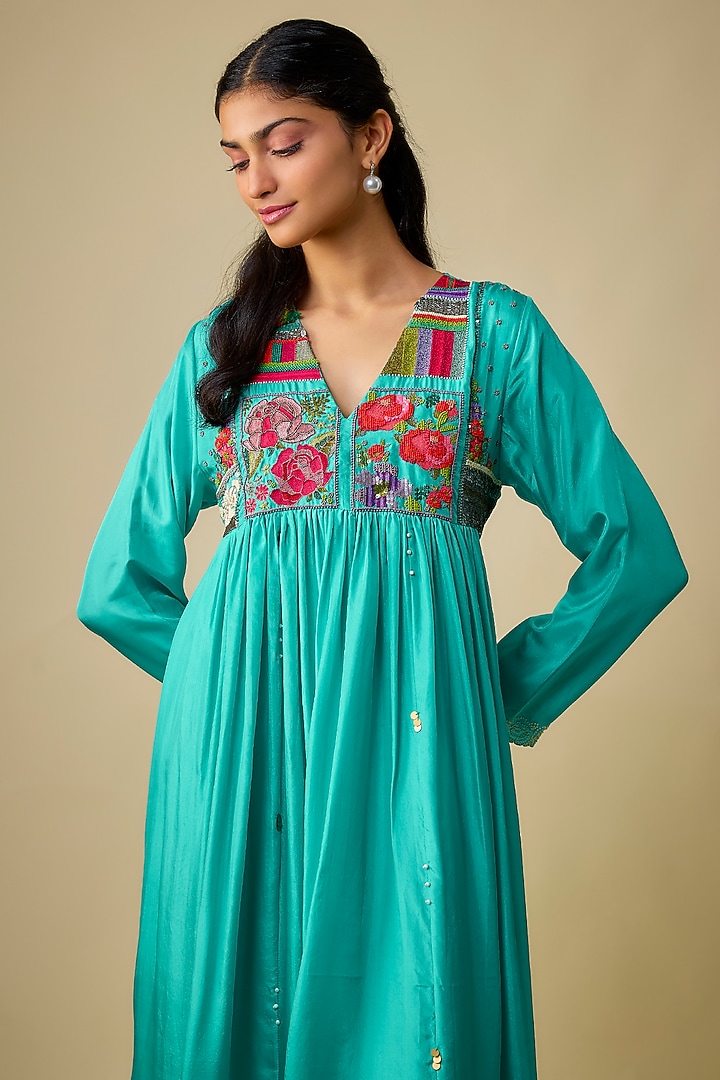 Blue Pure Silk Hand Embroidered Flared Cocktail Dress With Inner by Half Full Curve at Pernia's Pop Up Shop