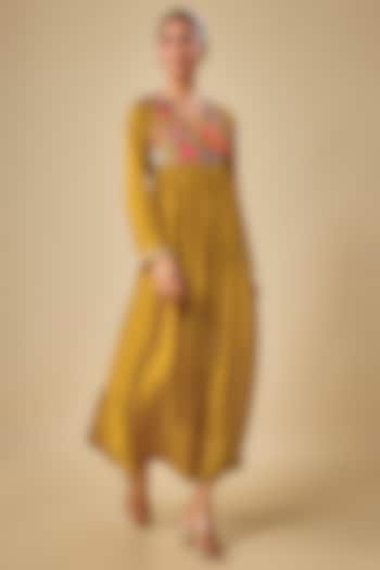 Yellow Pure Silk Hand Embroidered Maxi Cocktail Dress by Half Full Curve at Pernia's Pop Up Shop