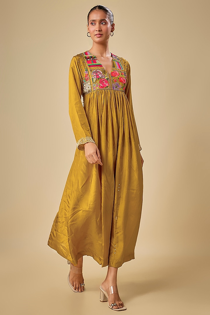 Yellow Pure Silk Hand Embroidered Maxi Cocktail Dress by Half Full Curve at Pernia's Pop Up Shop