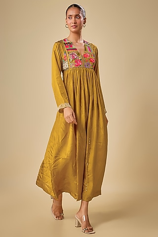 Yellow Pure Silk Hand Embroidered Maxi Dress by Half Full Curve