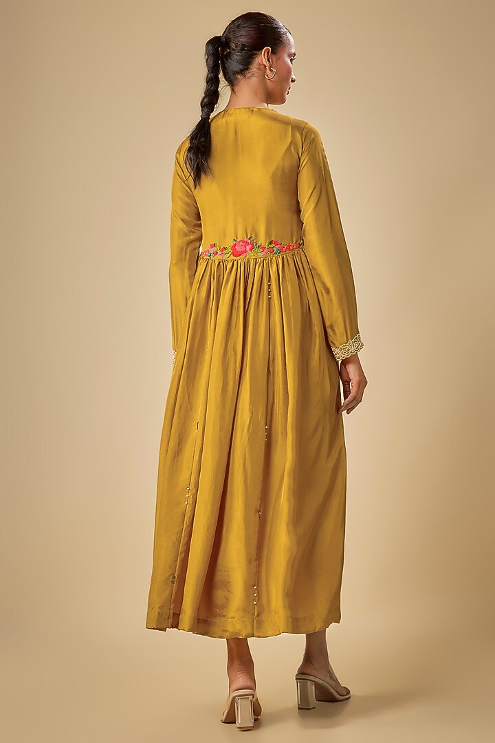 Yellow Pure Silk Hand Embroidered Maxi Cocktail Dress by Half Full Curve at Pernia's Pop Up Shop