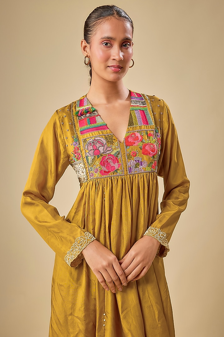 Yellow Pure Silk Hand Embroidered Maxi Cocktail Dress by Half Full Curve at Pernia's Pop Up Shop