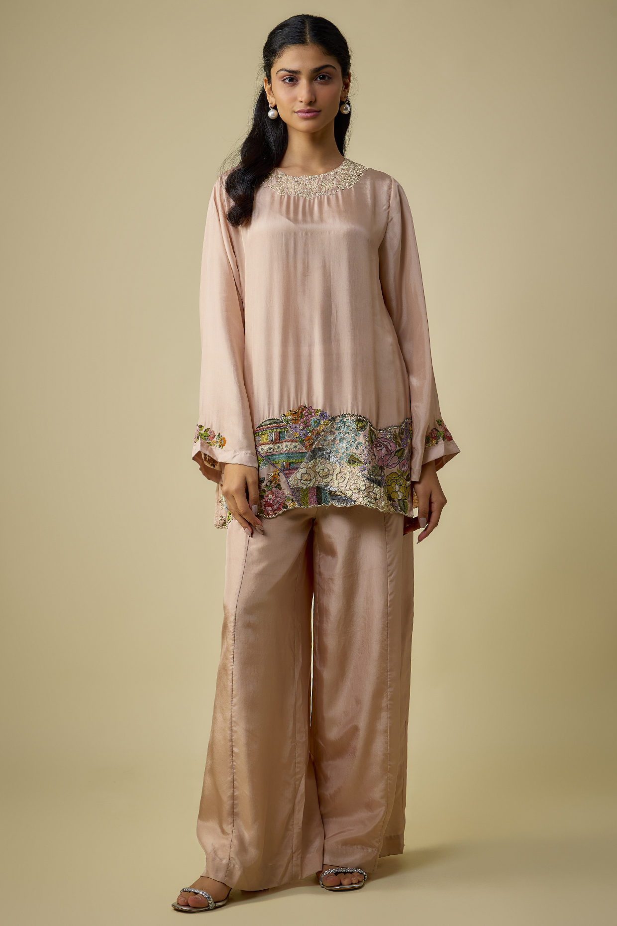 Pink Pure Silk Hand Embroidered Tunic Set by Half Full Curve at Pernia's Pop Up Shop