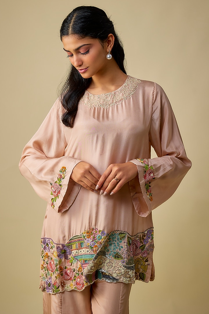 Pink Pure Silk Hand Embroidered Tunic Set by Half Full Curve at Pernia's Pop Up Shop