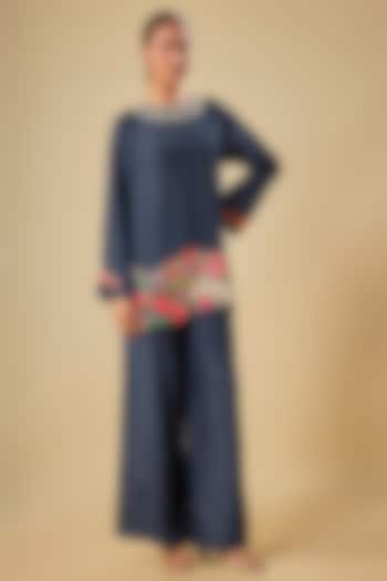 Blue Pure Silk Hand Embroidered Co-Ord Set by Half Full Curve at Pernia's Pop Up Shop