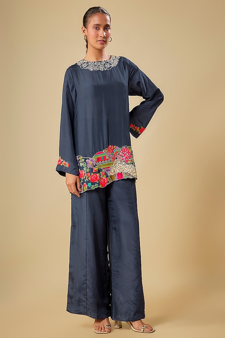 Blue Pure Silk Hand Embroidered Co-Ord Set by Half Full Curve at Pernia's Pop Up Shop