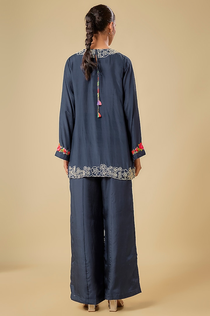 Blue Pure Silk Hand Embroidered Co-Ord Set by Half Full Curve at Pernia's Pop Up Shop