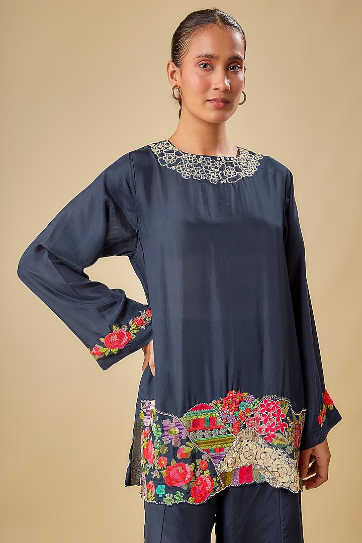 Blue Pure Silk Hand Embroidered Co-Ord Set by Half Full Curve at Pernia's Pop Up Shop