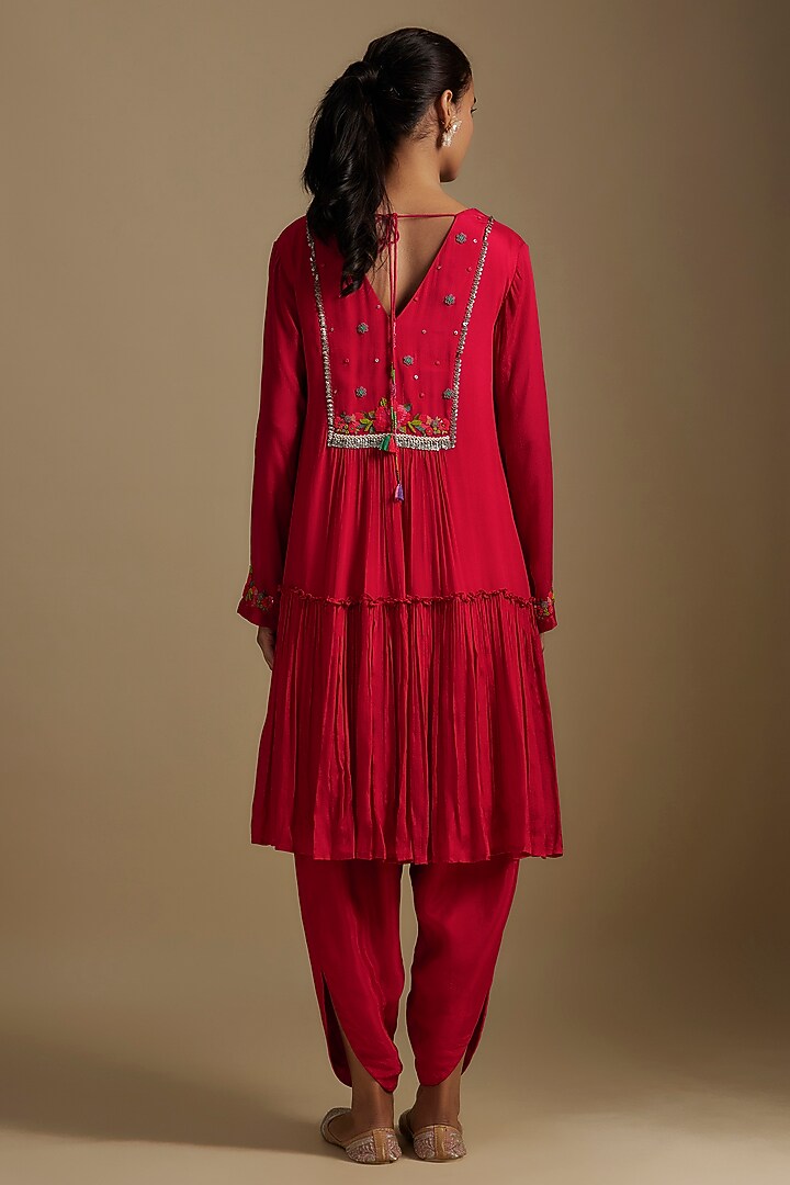 Red Pure Silk Hand Embroidered Kurta Set by Half Full Curve at Pernia's Pop Up Shop