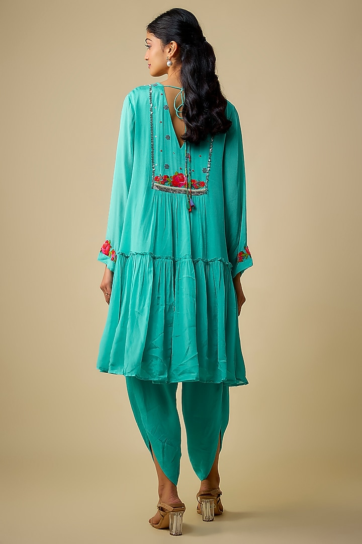 Blue Crepe Chiffon Hand Embroidered Kurta Set by Half Full Curve at Pernia's Pop Up Shop