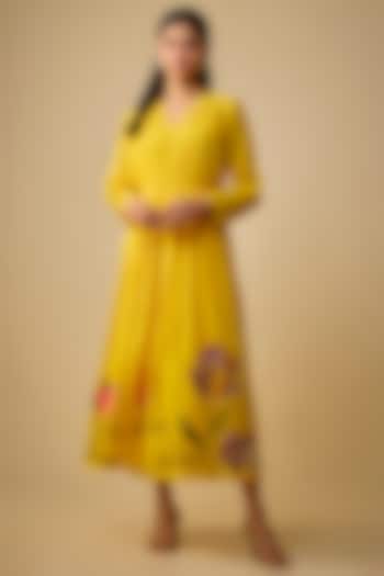 Yellow Fine Chanderi Embroidered Vacation Dress With Inner by Half Full Curve at Pernia's Pop Up Shop