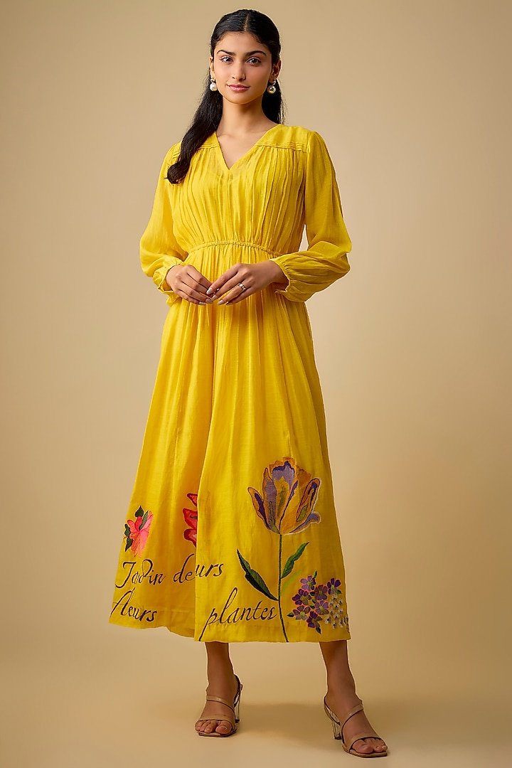 Yellow Fine Chanderi Embroidered Vacation Dress With Inner by Half Full Curve at Pernia's Pop Up Shop