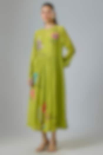 Green Fine Chanderi Embroidered Vacation Dress by Half Full Curve at Pernia's Pop Up Shop