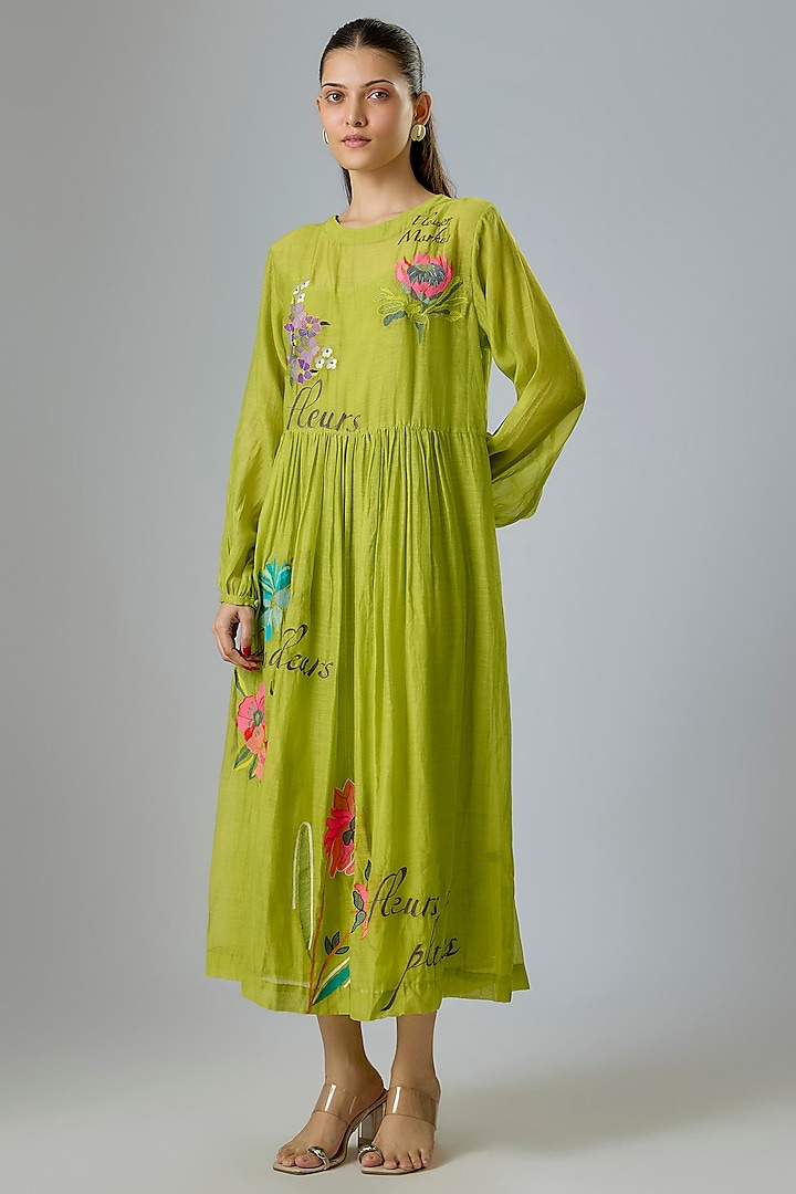 Green Fine Chanderi Embroidered Vacation Dress by Half Full Curve at Pernia's Pop Up Shop