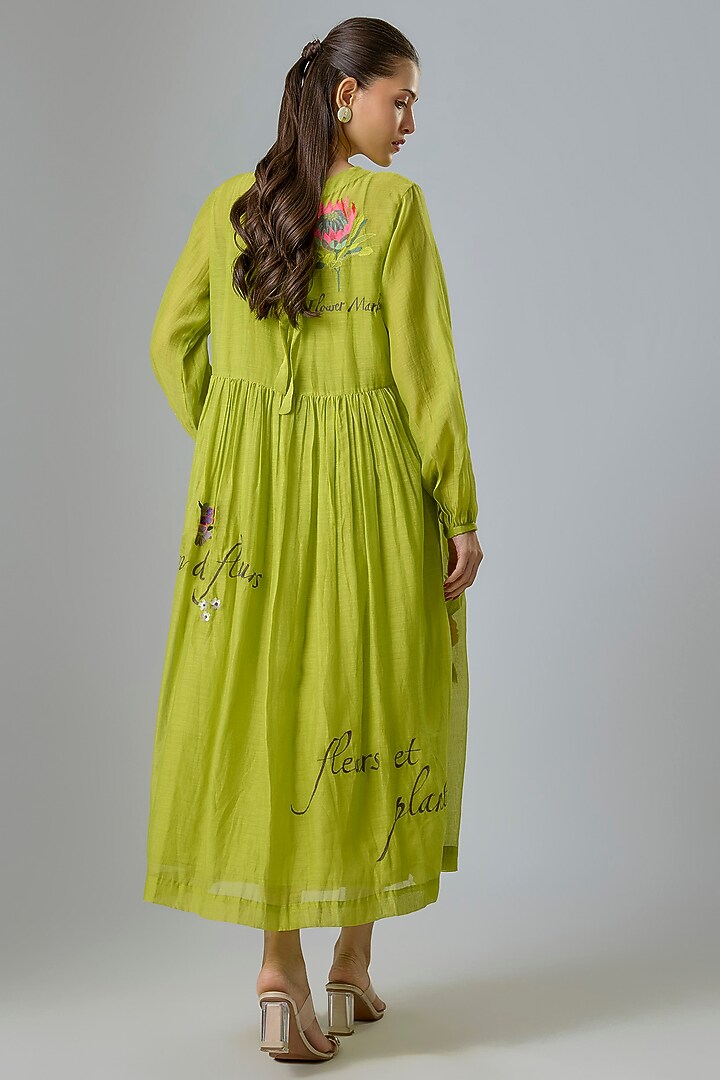 Green Fine Chanderi Embroidered Vacation Dress by Half Full Curve at Pernia's Pop Up Shop