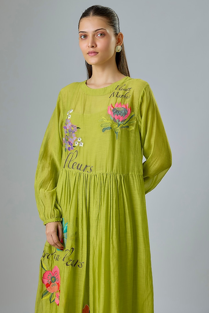 Green Fine Chanderi Embroidered Vacation Dress by Half Full Curve at Pernia's Pop Up Shop