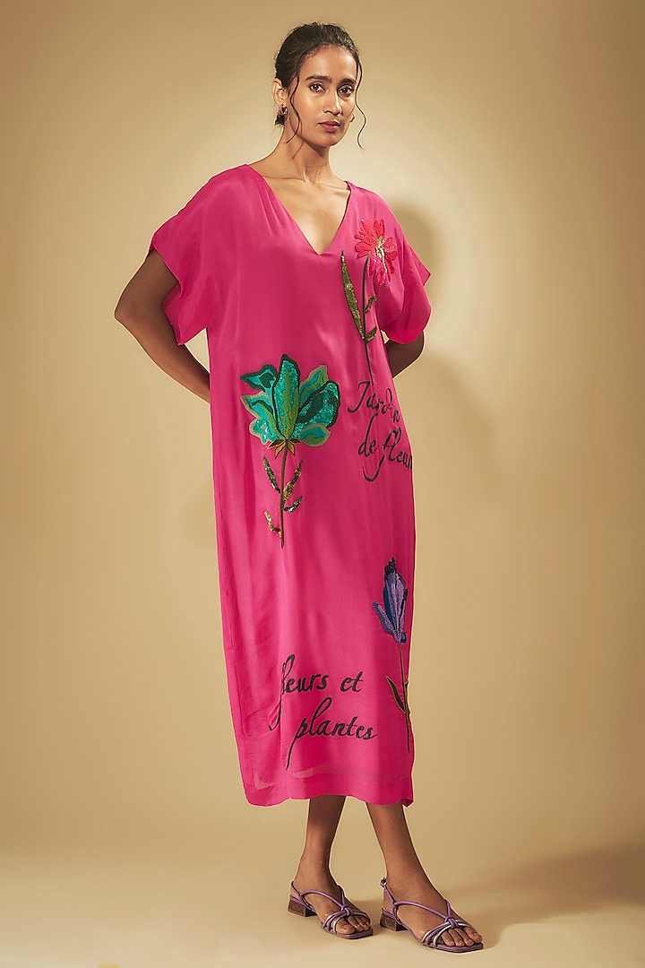 Pink Fine Chanderi Hand & Machine Embroidered Midi Dress by Half Full Curve at Pernia's Pop Up Shop