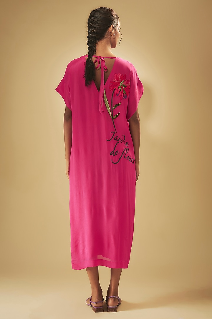 Pink Fine Chanderi Hand & Machine Embroidered Midi Vacation Dress by Half Full Curve at Pernia's Pop Up Shop
