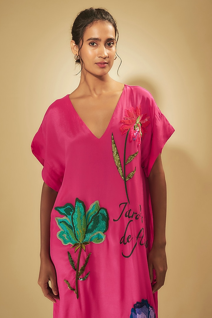 Pink Fine Chanderi Hand & Machine Embroidered Midi Vacation Dress by Half Full Curve at Pernia's Pop Up Shop