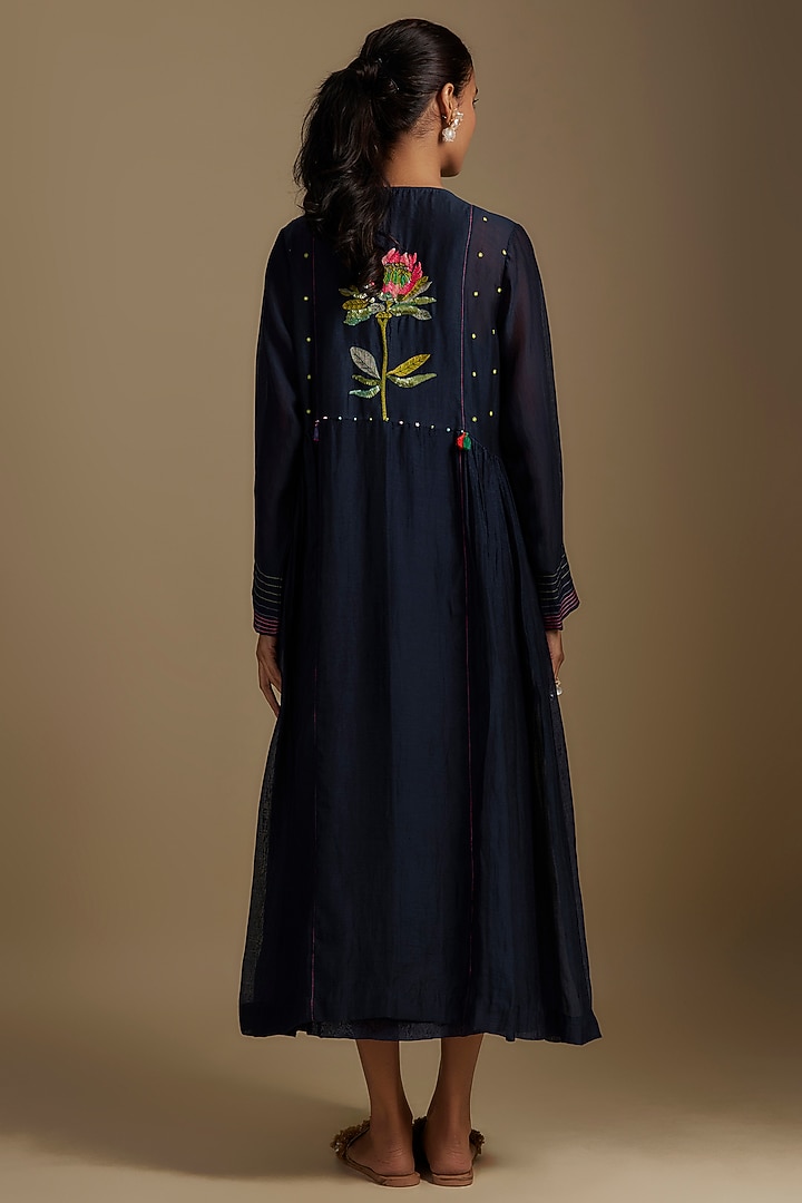 Blue Fine Chanderi Floral Hand Embroidered Jacket Set by Half Full Curve at Pernia's Pop Up Shop