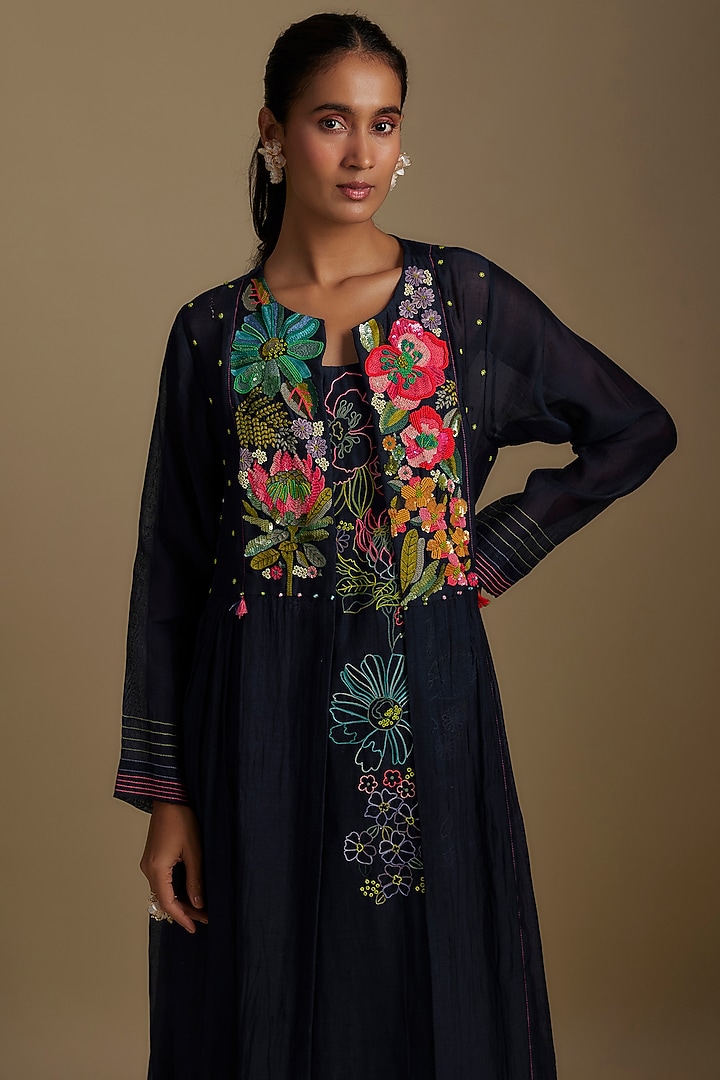 Blue Fine Chanderi Floral Hand Embroidered Jacket Set by Half Full Curve at Pernia's Pop Up Shop