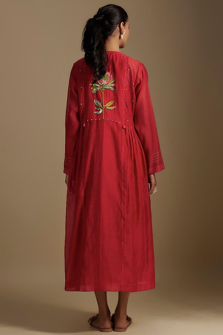 Red Fine Chanderi Floral Hand Embroidered Jacket Set by Half Full Curve at Pernia's Pop Up Shop