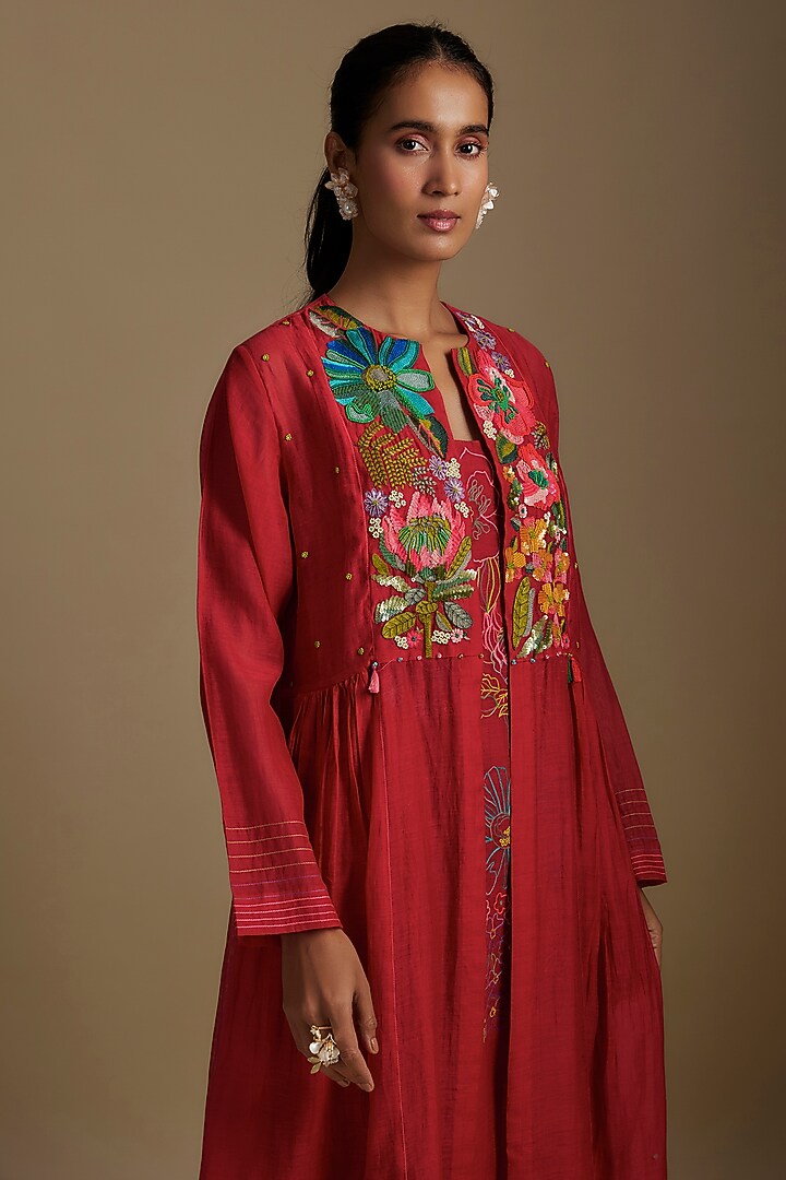 Red Fine Chanderi Floral Hand Embroidered Jacket Set by Half Full Curve at Pernia's Pop Up Shop