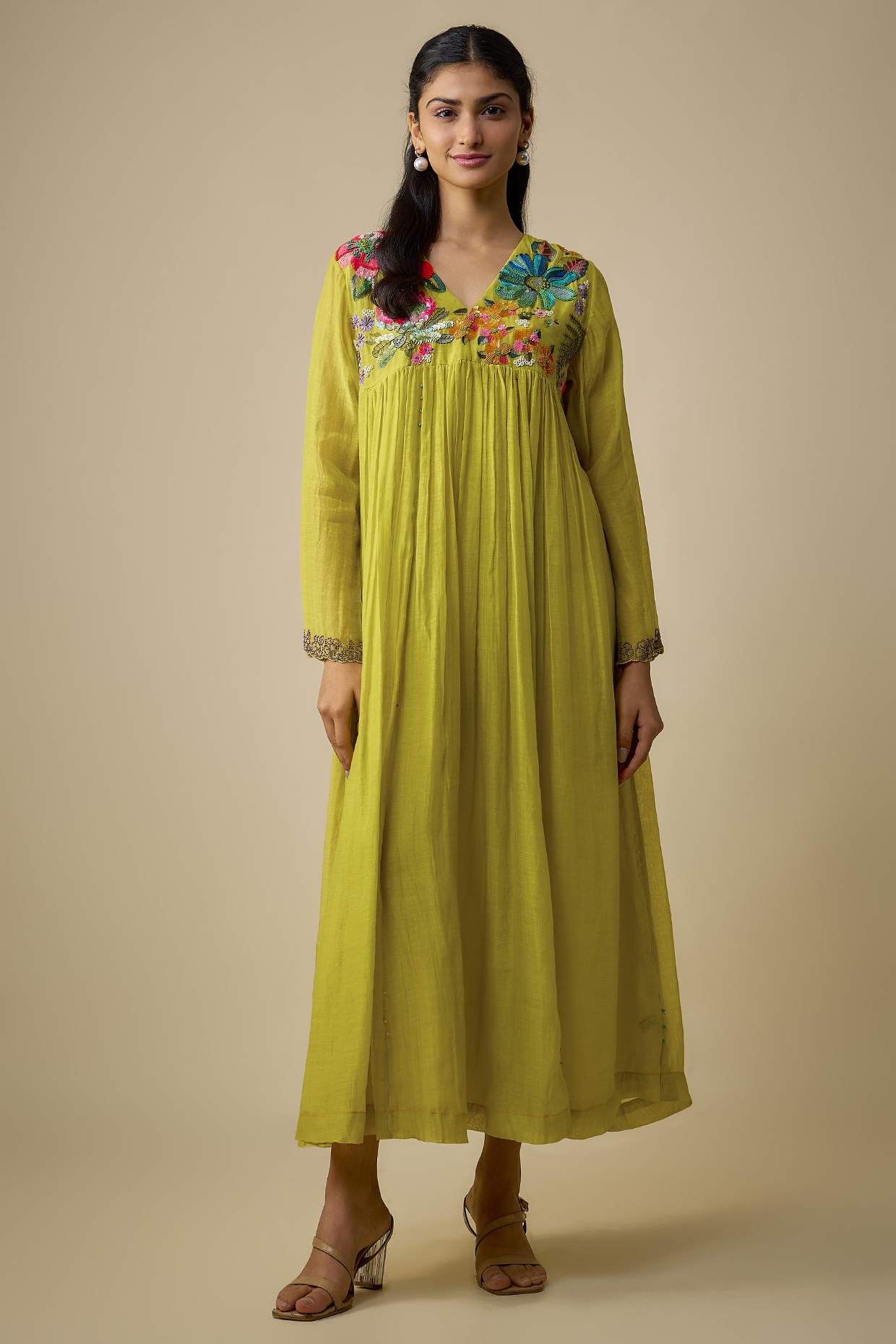 Green Fine Chanderi Hand Embroidered Vacation Dress With Inner by Half Full Curve at Pernia's Pop Up Shop