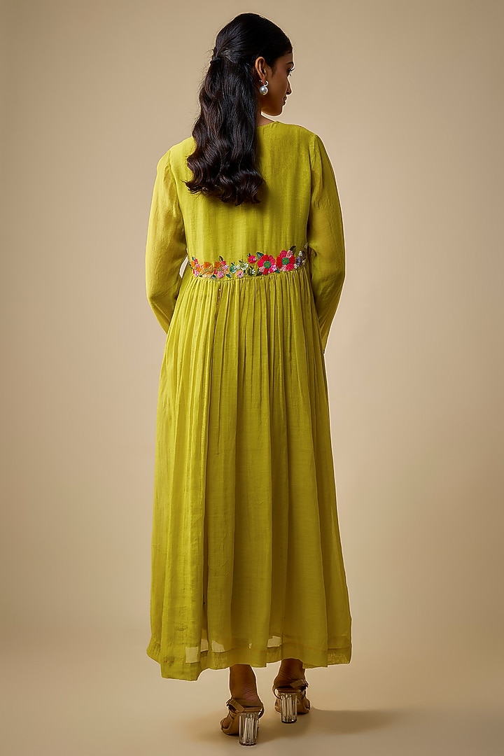 Green Fine Chanderi Hand Embroidered Vacation Dress With Inner by Half Full Curve at Pernia's Pop Up Shop