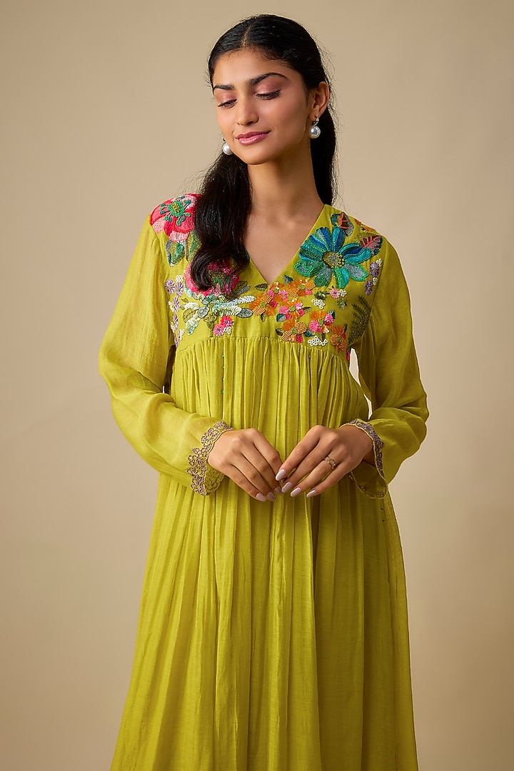 Green Fine Chanderi Hand Embroidered Vacation Dress With Inner by Half Full Curve at Pernia's Pop Up Shop