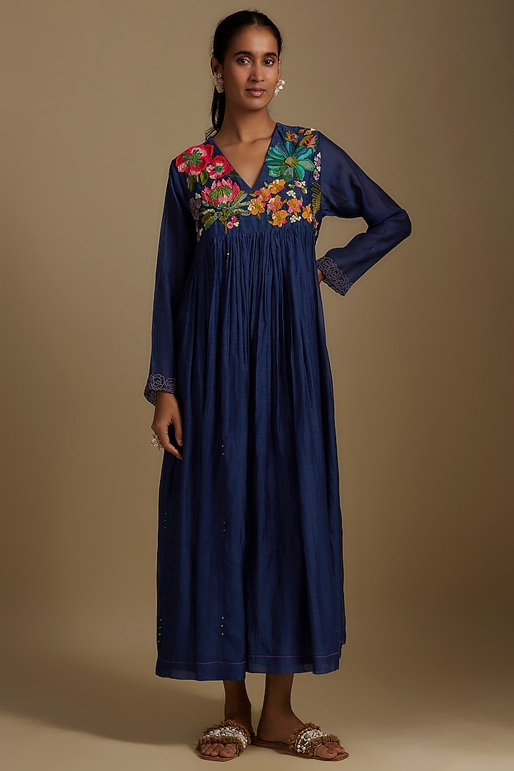 Blue Fine Chanderi Floral Hand Embroidered Flared Dress by Half Full Curve at Pernia's Pop Up Shop