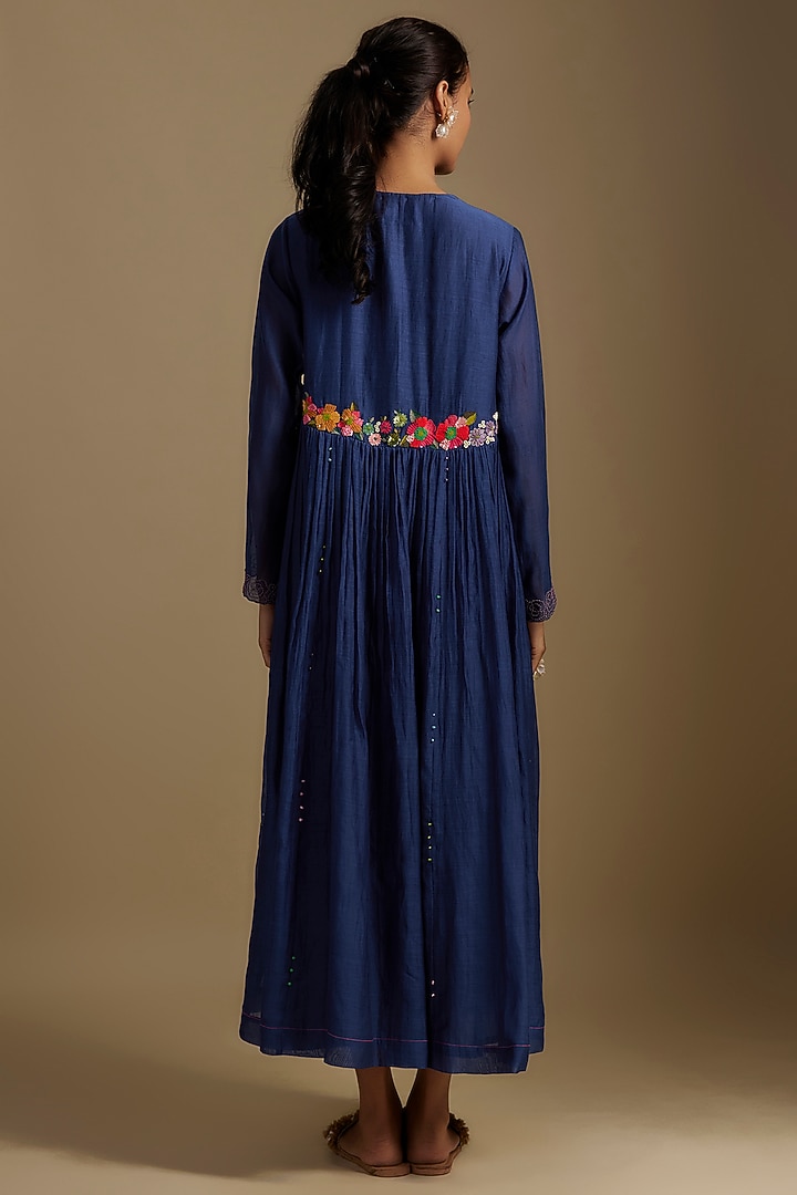 Blue Fine Chanderi Floral Hand Embroidered Flared Vacation Dress by Half Full Curve at Pernia's Pop Up Shop