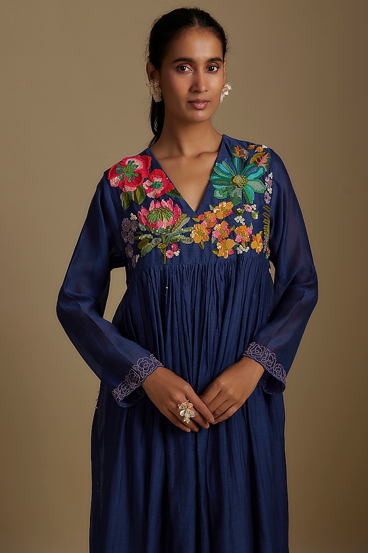 Blue Fine Chanderi Floral Hand Embroidered Flared Vacation Dress by Half Full Curve at Pernia's Pop Up Shop