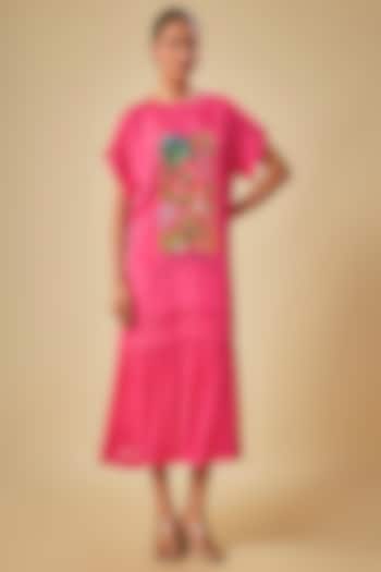 Pink Crepe Chiffon Hand Embroidered Midi Vacation Dress by Half Full Curve at Pernia's Pop Up Shop